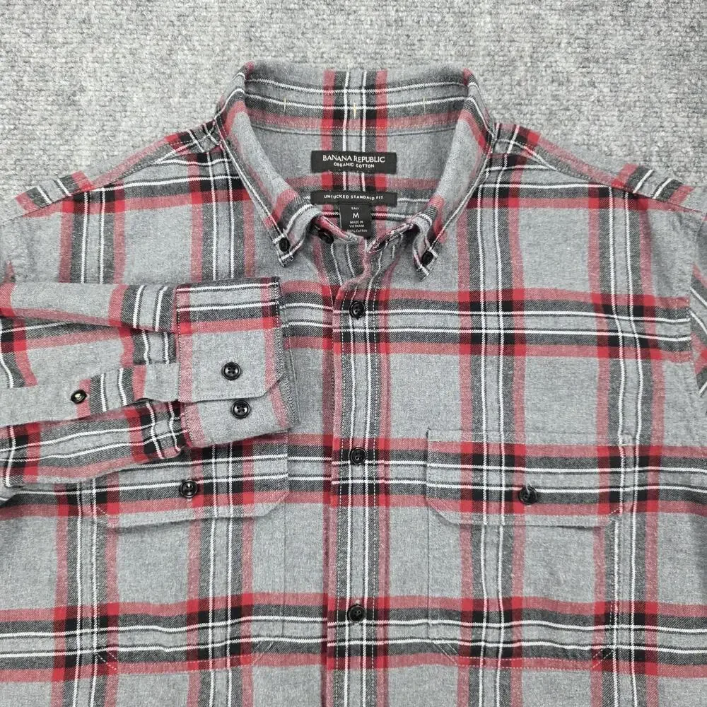 Banana Republic Shirt Mens Tall Medium Gray Plaid Flannel Untucked Standard Fit